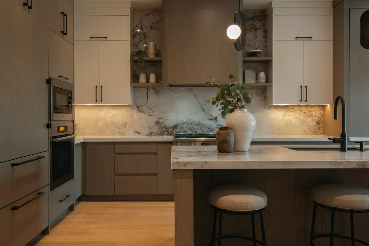 Custom cabinetry and island in a Lancaster CA kitchen, representing the full range of cabinet services
